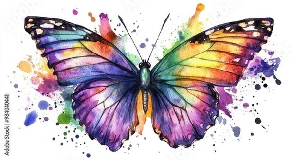 Fototapeta A colorful butterfly with its wings spread open. The butterfly is surrounded by splatters of paint, giving it a vibrant and artistic appearance. Concept of freedom and beauty