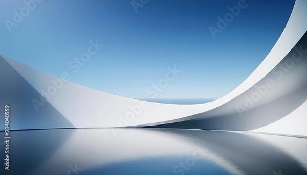 Fototapeta modern architectural scene with a simple curved wall on the right side of an empty space, creating sharp lines and geometric shapes in white against a blue sky background. The focus is on 