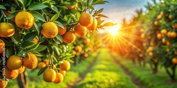 Fototapeta Close-Up of Vibrant Orange Orchard at Sunset Ripe Oranges and Deep Green Leaves with Soft Background Blur, Illuminated by Warm Sunlight, Capturing Nature's Abundance and