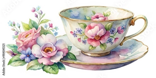 Fototapeta Delicate Asymmetrical Watercolor of a Beige Teacup and Saucer with Floral Motif, Accompanied by a Bouquet of Pink Roses and Blue Flowers on a White Background for a Cozy Afternoon