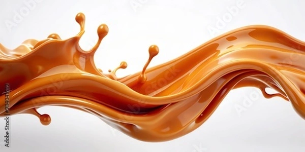 Fototapeta Dynamic Close-Up of Glossy Golden Brown Caramel Sauce Splash in Wave Shape Against Clean White Background, Showcasing Abstract Fluidity for Food Advertising and Editorial Uses