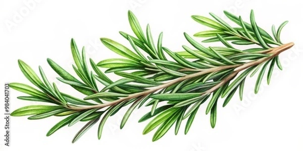 Fototapeta Dynamic Close-Up Pencil Drawing of a Curving Rosemary Sprig in Rich Green Against a Stark White Background, Highlighting Textures, Depth, and Natural Beauty of This Culinary Herb