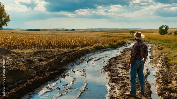 Fototapeta A scene of parched farmland with wilted crops and dry irrigation channels, as a farmer looks on in desperation, fearing the loss of their harvest due to the prolonged drought and lack of rainfall.
