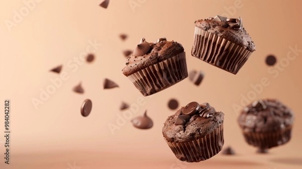 Obraz Chocolate muffin dark sweet cake flying solid background for background
