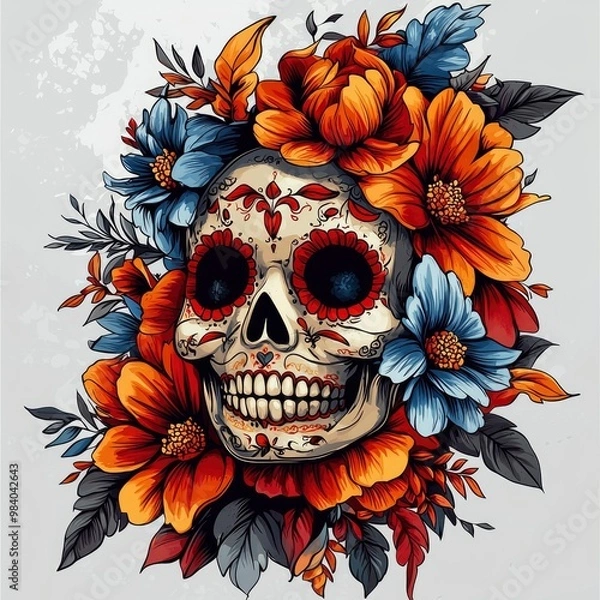 Fototapeta Sugar Skull with Flowers
