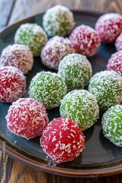 Fototapeta Colorful sweet balls coated with coconut flakes on a plate presented on a wooden table. MZ