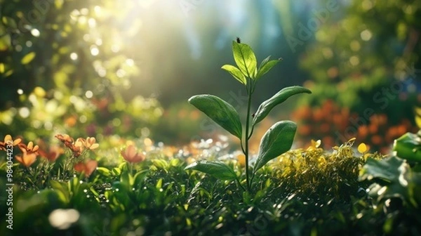 Fototapeta A plant protected by natural insect-repelling solutions, standing tall in the midst of a flourishing garden.