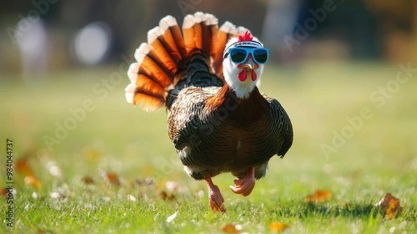 Fototapeta A turkey dressed as a professional runner, complete with a headband and tiny sunglasses