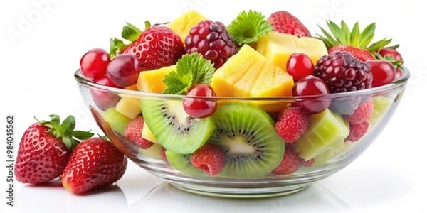 Fototapeta Vibrant Fruit Salad in Transparent Bowl A Centered Composition on White Background Featuring Glossy Strawberries, Pineapple Chunks, Sliced Kiwi, Raspberries, Cherries, and