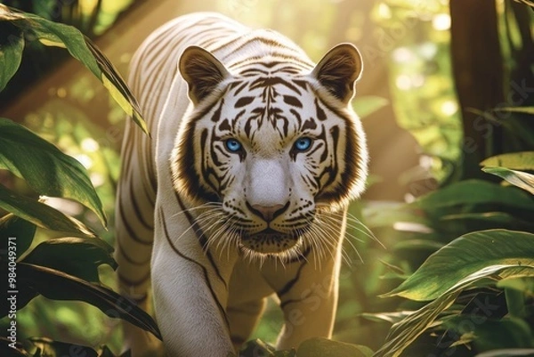 Fototapeta A majestic white tiger prowling through a lush forest with its piercing blue eyes focused ahead, the sunlight filtering through the leaves creating a natural spotlight on its fur.