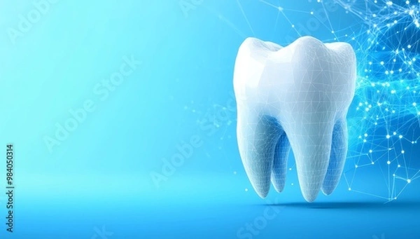 Fototapeta 3D low-poly tooth model made of lines and dots on white background