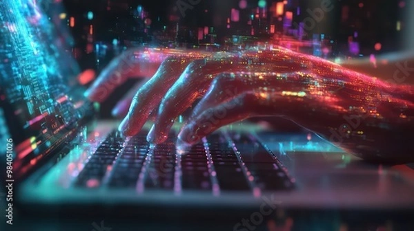 Obraz futuristic hands typing on laptop with neon light and digital distortion effects, high-tech concept