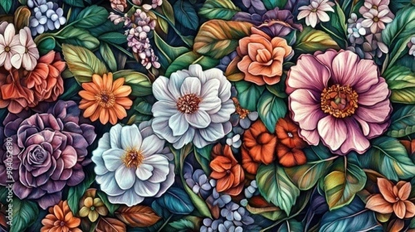 Fototapeta painting of an intricate floral pattern, combining a variety of flowers and leaves in a harmonious arrangement. The vibrant colors and fine line work create a lush, garden-like feel.