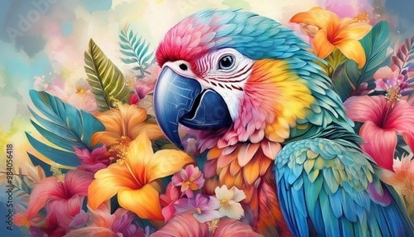 Fototapeta multicolor, blue and yellow macaw, A macaw with vibrant. multicolored patterns on its feathers is displayed against a tropical background