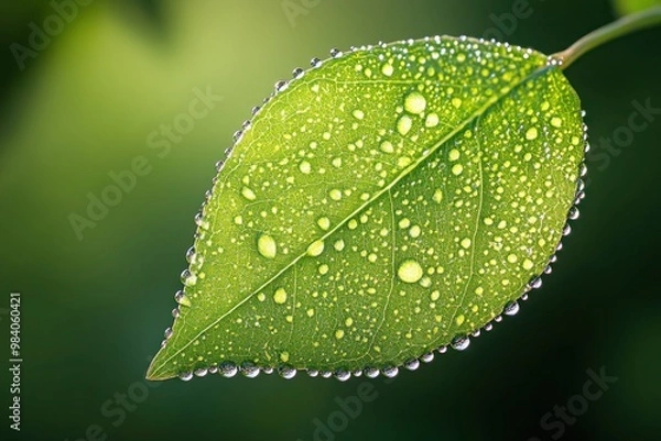 Fototapeta A dewy leaf with a fine, protective mist of natural herbicides, capturing the freshness of a morning in nature.