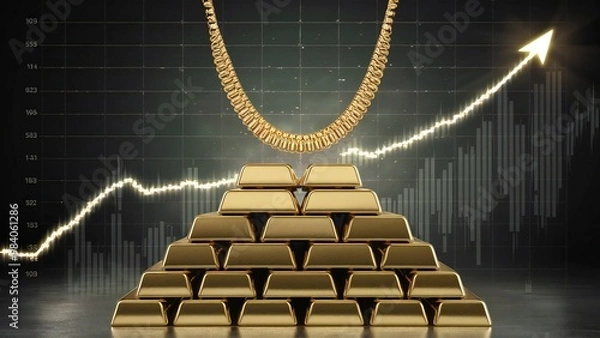 Obraz Gold and gold jewelry is ready to be sold on world trading markets with huge price increases. On the trading price graph background image