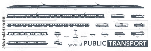 Obraz Public transport icon set. Ground vehicles silhouette on white. Vector illustration