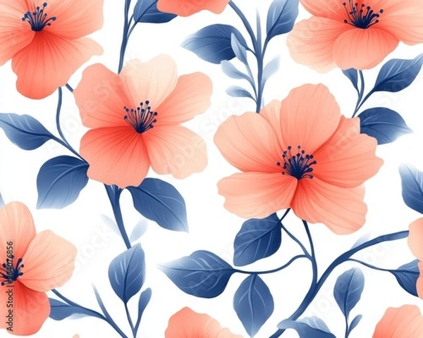 Fototapeta Soft pink flowers bloom against a white background, with detailed blue leaves adding a touch of color. .
