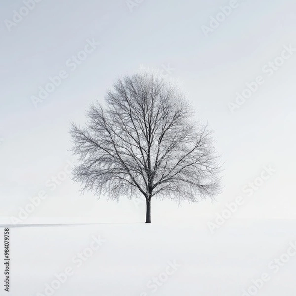 Fototapeta A lone tree stands in the snow, its branches bare and its trunk covered in frost