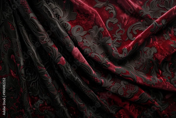 Fototapeta A rich red and black patterned silk fabric, adding a touch of royalty and elegance, perfect for high-end fashion or interior design.
