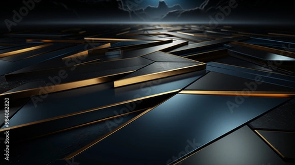 Fototapeta Dark gradient background in shades of navy and black, with elegant gold and silver lines forming abstract patterns, creating a luxurious and professional atmosphere for formal presentations 