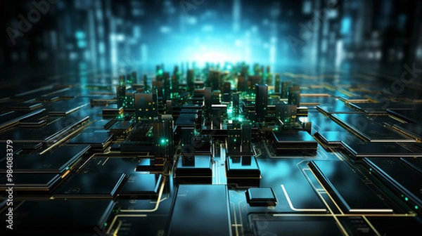 Fototapeta Futuristic background with glowing blue and green digital lines, circuit patterns, and abstract shapes, creating a high-tech feel, suitable for technology or innovation presentations 