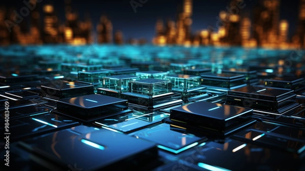 Fototapeta Futuristic background with glowing blue and green digital lines, circuit patterns, and abstract shapes, creating a high-tech feel, suitable for technology or innovation presentations 