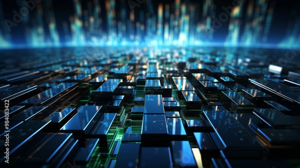 Fototapeta Futuristic background with glowing blue and green digital lines, circuit patterns, and abstract shapes, creating a high-tech feel, suitable for technology or innovation presentations 