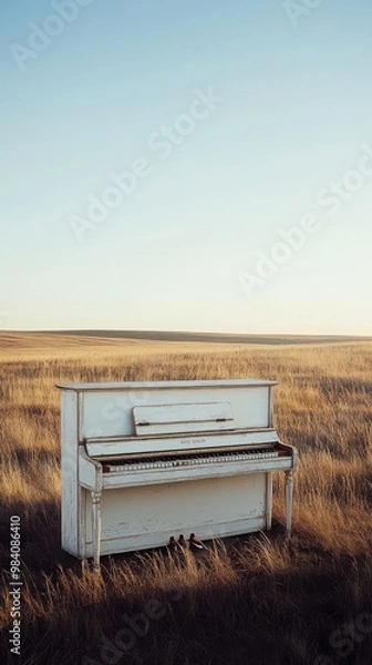 Fototapeta A piano is sitting in a field of tall grass