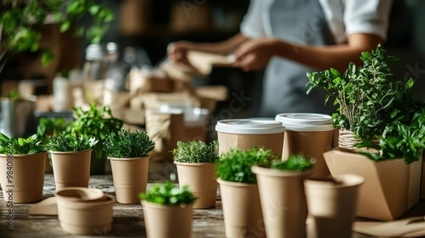 Fototapeta A dynamic shot of a green business creating biodegradable products, with a focus on eco-friendly packaging