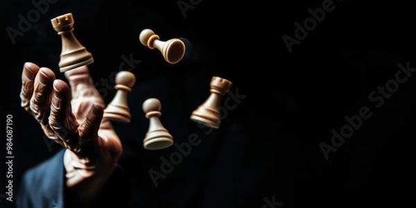 Obraz Hand throwing chess pieces, war concept, copyspace