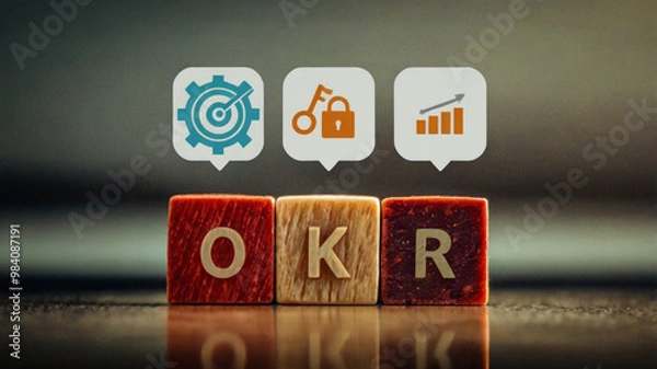 Obraz OKR Objectives and Key Results Concept with Wooden Blocks