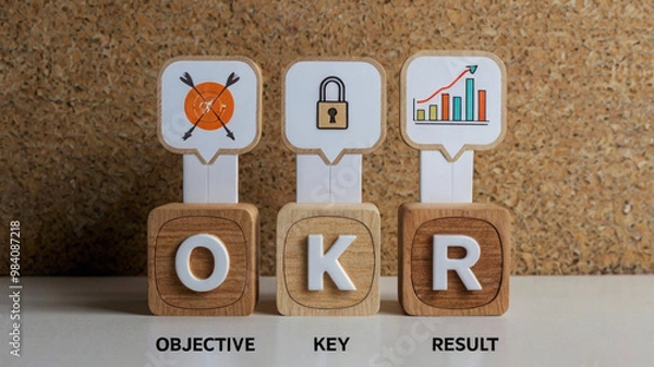 Obraz OKR Objectives and Key Results Concept with Wooden Blocks