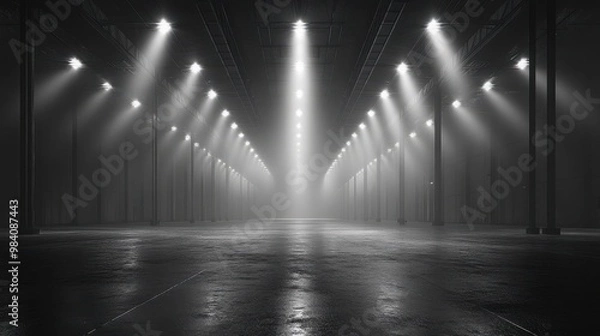 Fototapeta A large, empty room with a few lights shining down on it
