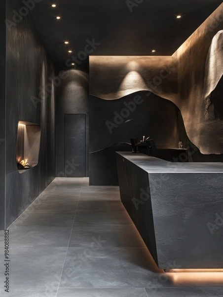 Fototapeta A black room with a fireplace and a counter