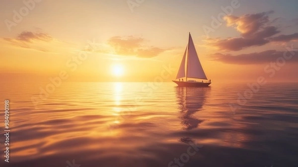 Fototapeta A serene sunset with a sailboat gliding across calm waters, reflecting warm golden hues and creating a tranquil atmosphere.