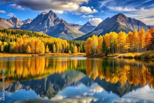 Fototapeta Autumn scenery with mountains reflecting in lake surrounded by colorful trees