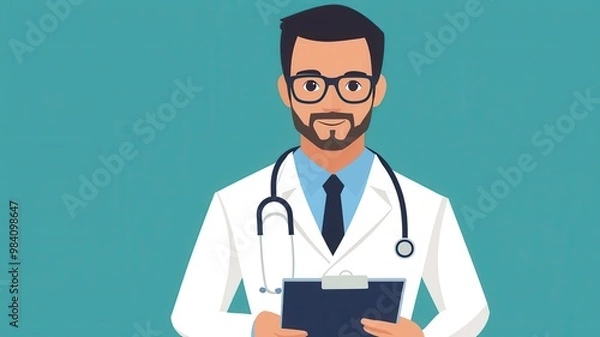 Obraz A confident male doctor in a white coat holding a clipboard, wearing glasses, set against a turquoise background.