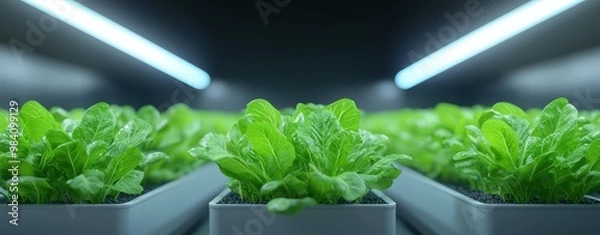 Fototapeta Fresh green lettuce plants growing in an indoor hydroponic farm with LED lights. High-tech agricultural innovation and sustainable farming.