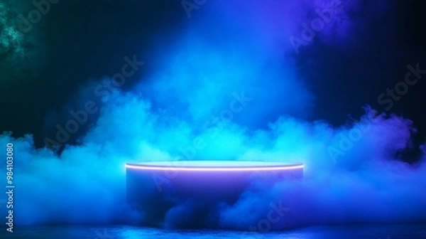 Fototapeta Neon blue lights with a glowing platform. Podium stand for promotions