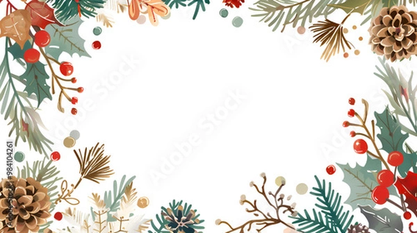 Fototapeta Minimalistic Christmas background floral frame. Christmas pine card with cones, berries and greenery on white background with copy space