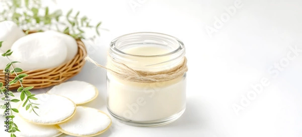 Fototapeta Glass jar of natural face cream with cotton pads and green leaves on a white background