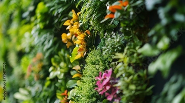 Fototapeta A vertical garden wall with various plants and flowers, creating an eco-friendly green space in the city.