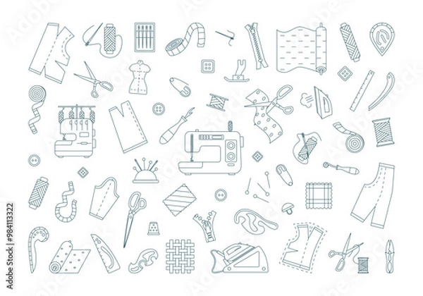 Obraz Sewing elements and materials for sewing and needlework in icons outline set. Tailoring tools, equipment and accessories. Threads, buttons, needle, scissors, dummy, patterns. Vector line illustration