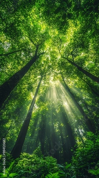 Obraz Lush green forest with towering trees and sunlight