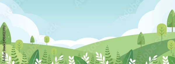 Obraz 快晴の空に緑の山々のイラスト