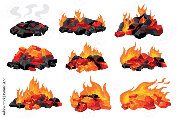 Fototapeta Set of burning charcoals in flat cartoon design. Various images of burning coals showing multi-colored flames in different stages. Vector illustration.
