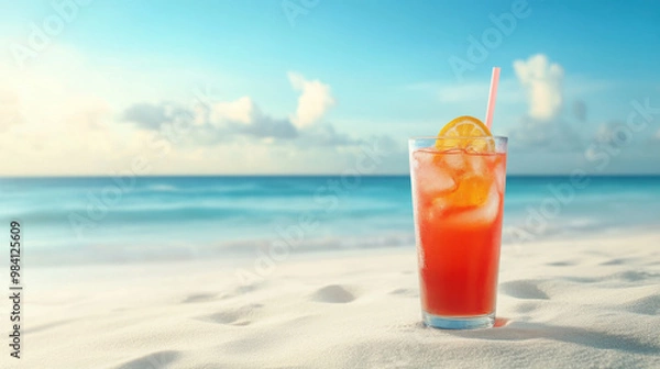 Fototapeta A refreshing drink on a sandy beach with a bright blue ocean in the background.