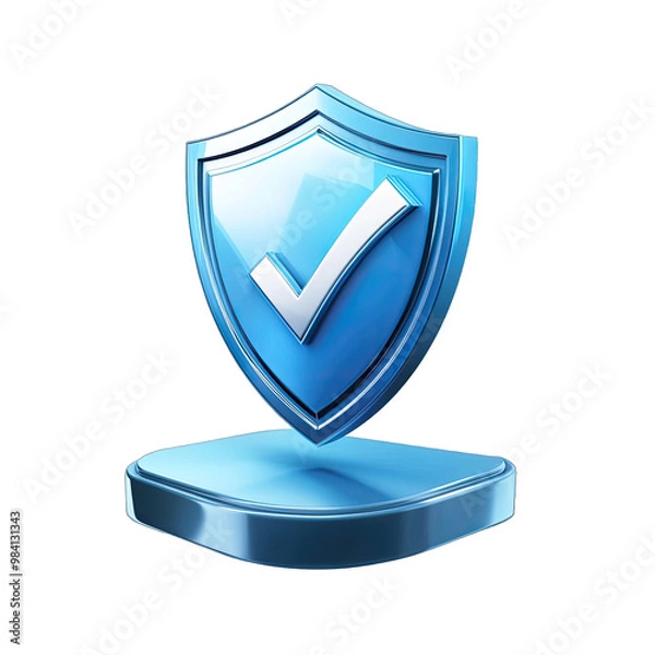Fototapeta Secure Shield Icon With Check Mark Standing on Podium for Security Logo. Isolated on a Transparent Background. Cutout PNG.