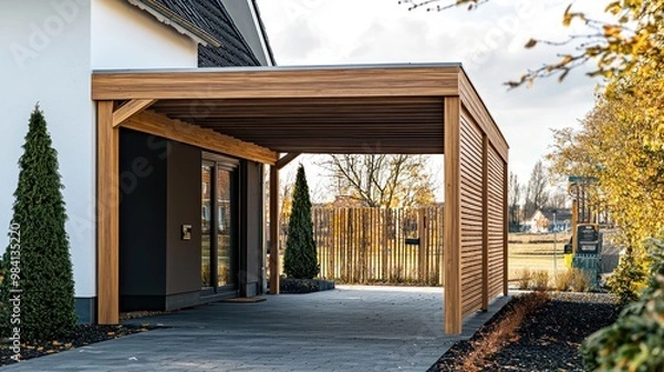 Fototapeta A modern wooden carport attached to a home, featuring clean lines and a stylish design that enhances the homea??s exterior
